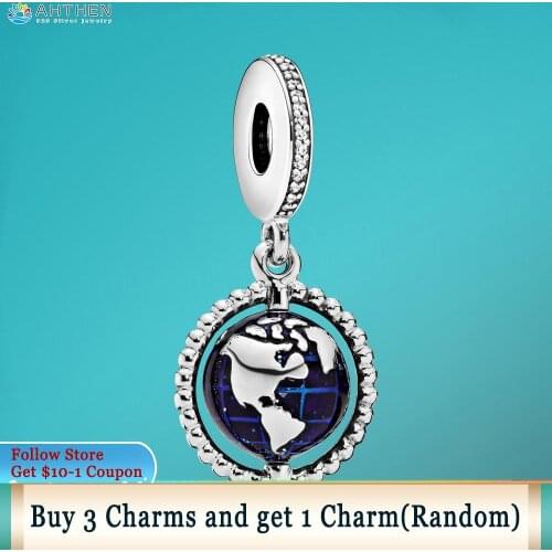 Ahthen 925 Sterling Silver Beads Spinning Globe Dangle Charms fit Original Pandora Bracelets Women Jewelry Making Birthday Gift
