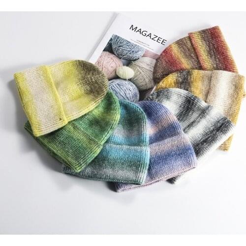 2021 autumn and winter beanie men and women warm thick knitted hat rainbow gradient woolen hat flanging warm hat