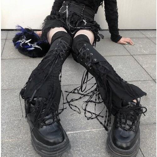 Autumn Winter Punk Gothic Lace-Up Splicing Harajuku Japanese Leg Warmer Foot Sock Black Over Knee Tassel Leg Cover