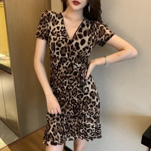 Sexy Leopard Print Summer Dress V Collar Cross Irregular Dress Female Short Sleeve Dress