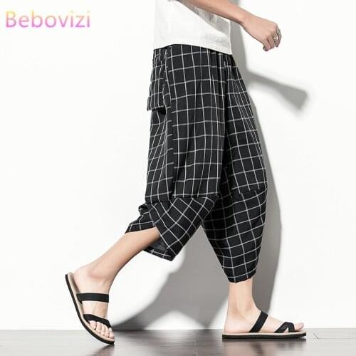 Plus Size M-5XL 2021 Fashion Oriental Black Check Summer Casual Cotton Loose Harem Pants for Men Japan Kimono Chinese Bloomers