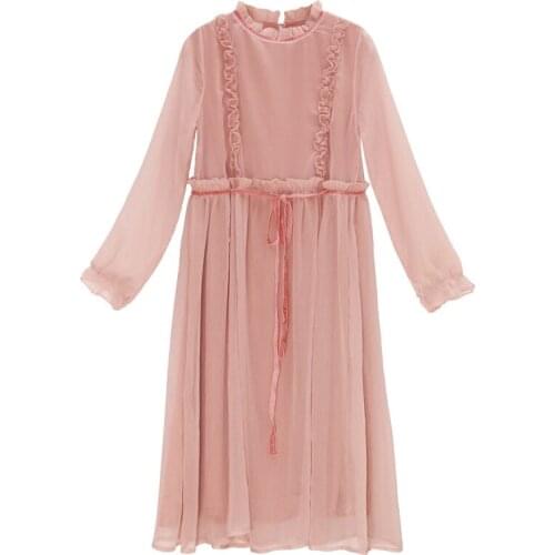 PERHAPS U Pink Chiffon Solid Stand Collar Long Puff Sleeve Ruffle Bow Midi Dress Mid Calf Sweet Autumn D0476