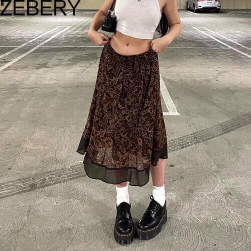 ZEBERY Fairy Grunge Vintage Aesthetic Midi Skirts Womens Floral Print Cute Y2K Brown E Girl Streetwear Low Waist Mesh Skirt