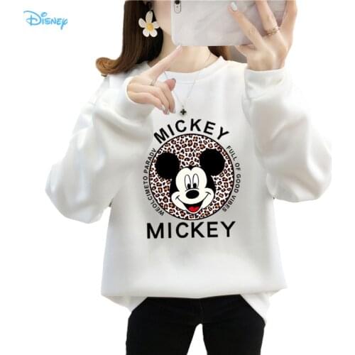 Disney Mickey with Leopard Sweatshirts for Woman Long Sleeve Thick Crewneck Sweatshirt Ladies Streetwear Korean Fashion Top Y2K