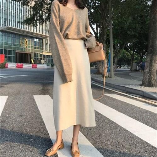New Elegant Solid Women Midi Skirts Loose Wild High Waist Hip Knit Skirt Bottom Leisure Ladies Skirt Office Lady Work Wear
