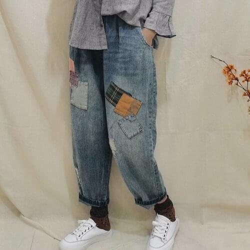 Women Patchwork Elastic Waist Denim Pants Jeans Ladies Ripped Bleached Denim Trousers Female 2020 Jeans