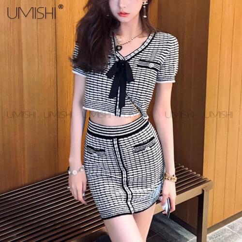 Women Set 2021 Summer Korean Chic Sweet Two Piece Suits Bow Short Sleeve Knitted Sweater Stripes Tops High Waist Bud Mini Skirt