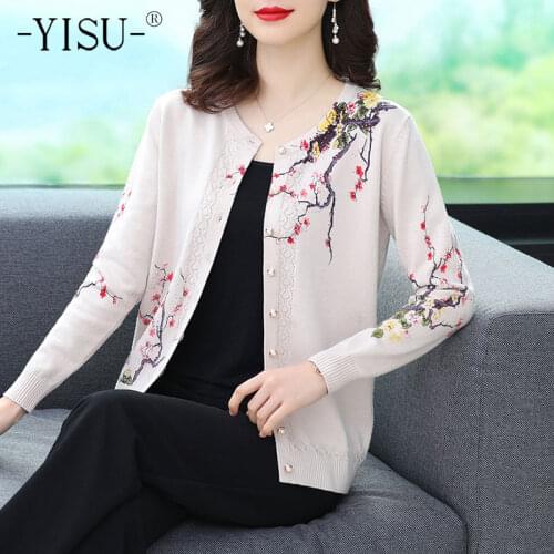 YISU 2021 New Women Cardigan Sweater O-Neck Plum blossom printing Knitted Coat Cardigan Single Breasted Casual Jacket Sweater