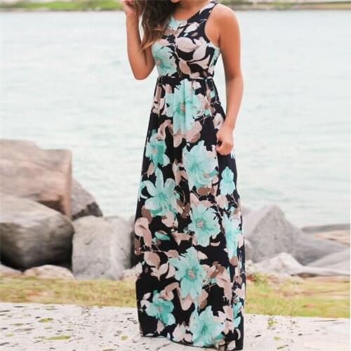 Women Sleeveless Floral Print Maxi Dress with Pockets Polyester O neck Spring Summer Dress Gift T529