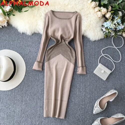 ALPHALMODA Vintage Shining Silk Knitting Patchwork Dress Women Winter New Style Stretchy Bottom Knit Dress Retro Straight Dress