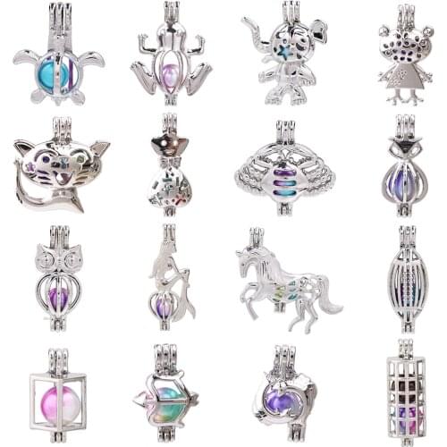 1pc Mixed Cuboid Turtle Frog Horse Mermaid Cat Owl Pearl Cage Bead Cage Pendant Essential Oil Diffuser Lockets Jewelry Making