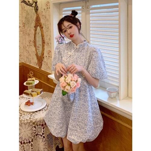 2021 modern korean style chinese improved qipao dress floral puff sleeve design vintage cheongsam sweet young lady party dress