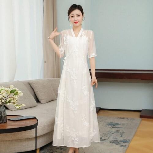 2021 Spring And Summer New Chinese Style Retro Literary Embroidery Long Improved Light Hanfu Shawl Tops Two Piece Dress zh306