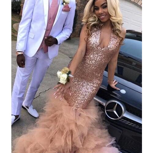 Sparkle Prom Dresses Mermaid Deep V-neck Tulle Ruffles Sequins Long Prom Gown Evening Dresses Robe De Soiree