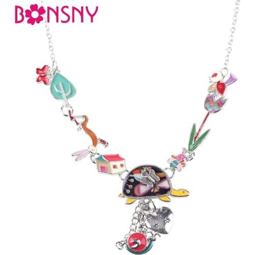 Bonsny Maxi Alloy Tortoise Rabbit Bird Necklace Chain Enamel Jewelry Colorful Pendant New Fashion Jewelry For Women Statement