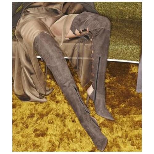 Carpaton Spring women fashion ultra high boots pointed toe slingbacks cross-tied over the knee women boots frosted shoes grey