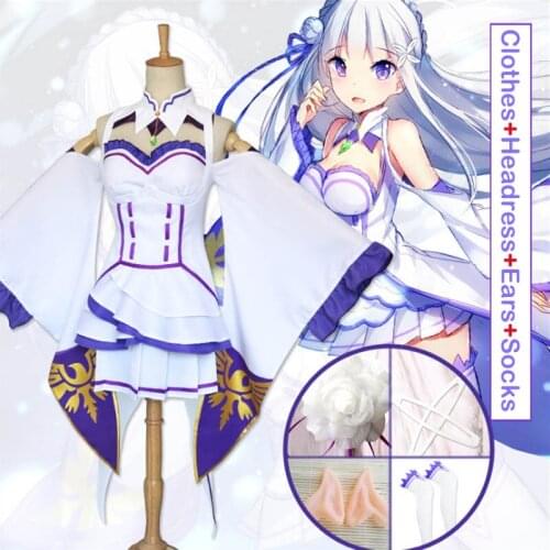 CosZtkhp New Re Zero Kara Hajimeru Isekai Seikatsu Emilia Wigs Cosplay Costumes Women Dress With Headdress For Halloween Party