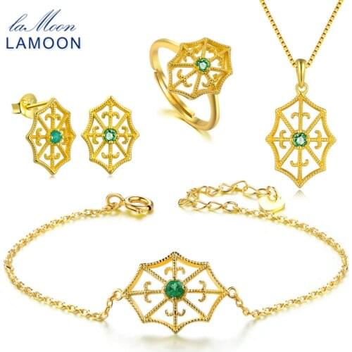 LAMOON 2018 New 925 Sterling Silver Natural Green Emerald Jewelry Sets S925 Fine Jewelry for Women Wedding Gift V044-1