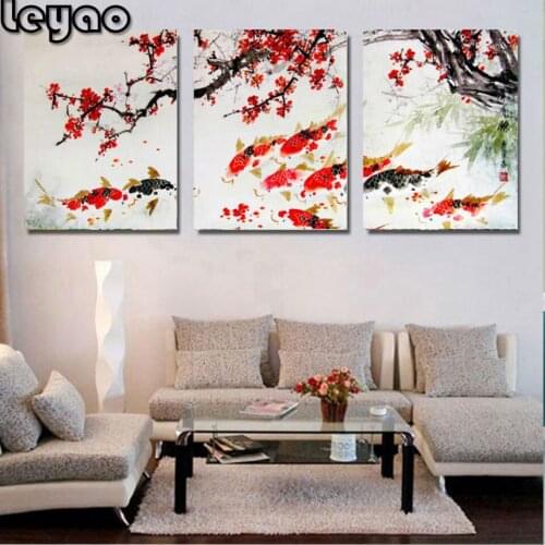 Full Square Drill 5D DIY Diamond Embroidery 3 Pieces Cherry Blossom Koi Fish Diamond Painting Cross Stitch Rhinestone Mosaic