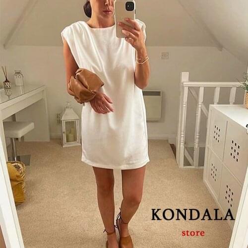 KONDALA Za 2021 Oversized Chic White Mini Dress Shoulder Pads Sleeveless Casual Dress Summer Chiffon Elegant Mujer Vestidos