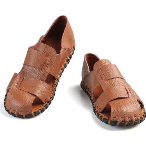 Mens Sandals Cowhide Genuine Leather Outdoor Beach Leisure Casual Shoes Handmade Slip-On High Quality Comfortable Slip-on Soft