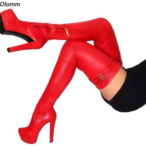 Olomm Women Winter Italian Crotch Boots Platform Chunky Heels Round Toe Gorgeous Red White Black Dress Shoes Plus US Size 5-20