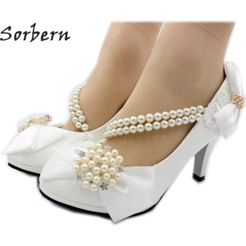 Sorbern Beaded Bowknot Wedding Shoes Beading Straps Med Heels Pointed Toe Heels Pumps Bow Heels 5cm 8cm Kitten Heels