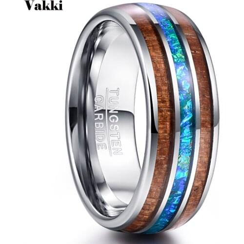VAKKI Mens Ring 8mm Width Koa Wood and Abalone Shell Tungsten Steel Rings Engagement Wedding Ring Jewelry Big Size 7-14