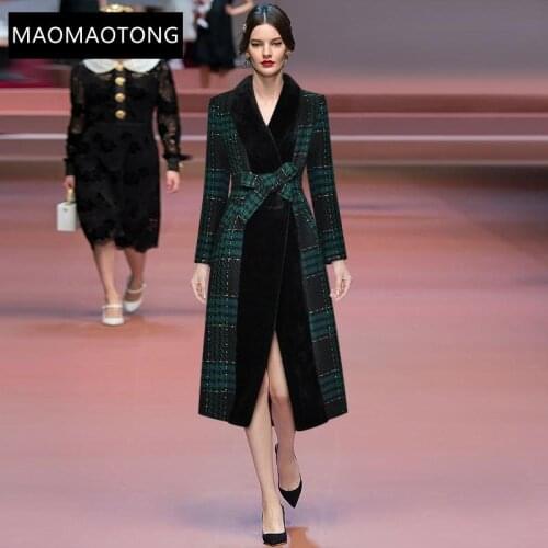 Womens Clothing Fashion Designer Runway Windbreaker Fur collar Long sleeve lace-up Plaid Keep warm Comfortable Windbreaker Coat