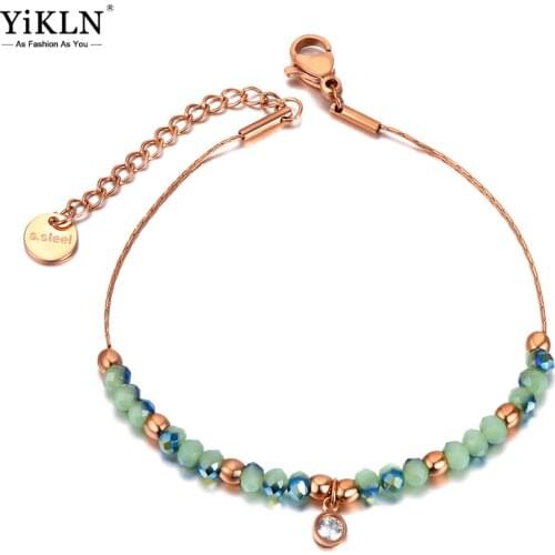 YiKLN Sparkling Green CZ Crystal Charm Bracelets Bangles For Women Stainless Steel Link Chain Bohemia Beach Bracelet YB20189