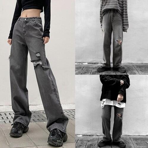Womens Fashion High Waist Ripped Hole Washed Straight Leg Jeans Gray