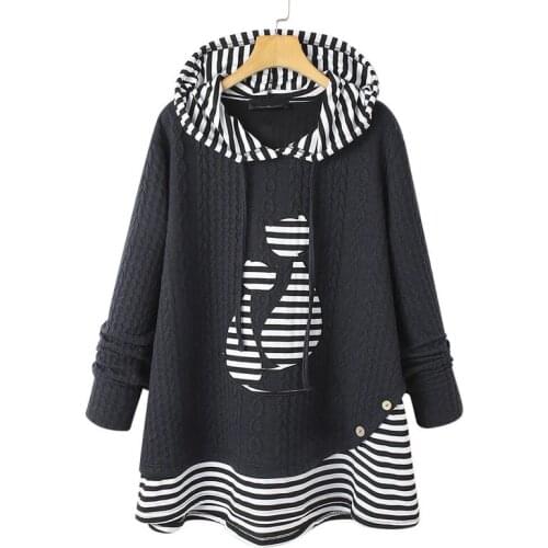 Winter Hooded Striped Long Sleeve Casual Women Sweatshirts Oversize Cat Patchwork Loose Hoodies Pullover Solid Color Outwear