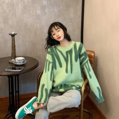 2021 Elegant Green Striped Print Oversized Pullovers Women Winter O-Neck Loose Long Sweaters Streetwear Warm Outerwear