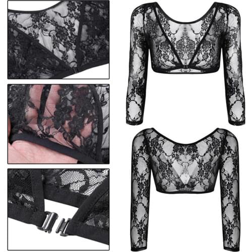 Womens Cardigan Arm Shaper Lace Blouse Summer Sun Protection Clothing Long Sleeve V-neck Short Perspective Crop Tops T-shirts
