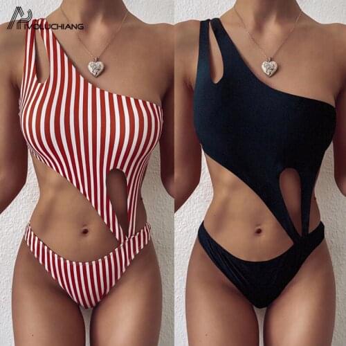 Women Sexy Bikini Red Stripes One Shoulder Push Up Monokini One Piece Hollow Out Swimsuit High Waist Backless Beachwear Paded