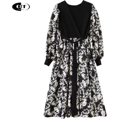 Harajuku Style Casual Woman Dress Vintage Printed V-Neck Knitted Patchwork Lantern Sleeve Ladies Retro Dresses Women Clothes ZA