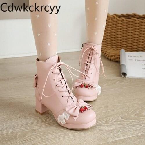 Winter The New fashion Thick bottom lovely sweet Bow Martin boots black Beige Pink Cross straps High heels Women boots size34-48