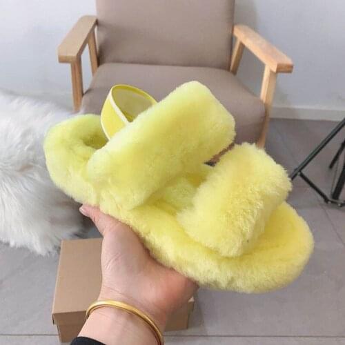 2021 Factory Price Comfort Fluffy Slippers Flat Plush Faux Fur Open Toe Pantuflas Mujer Faux Fur Slippers