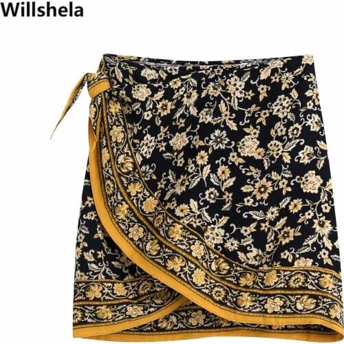 2021 Women Vintage Floral Printed Sarong Mini Skirt Elegant High-waist Fashion Bow Tie Wrapped style Woman skirts
