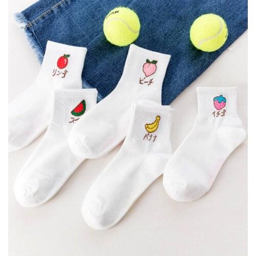5 Pairs/pack Japanese Novelty Fashion Cool Summer White Cute Fruit Ankle Socks Funny Short Women Cotton Happy Kawaii Socks Lot