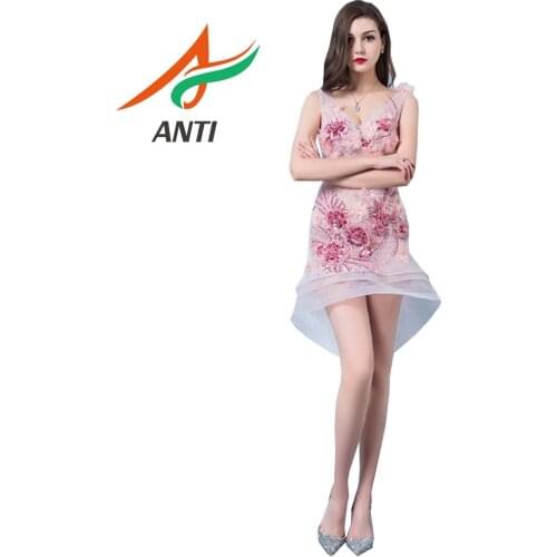 ANTI In Stock Pink Prom Dresses A-line Pleated Tulle Party Gowns Crystal Beading Sequins Women Backless Formal Occasion Gowns