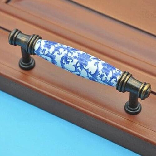 96mm white and blue porcelain fashion rural furniture handle bronze kitchen cabinet drawer dresser cupboard door ceramic handle