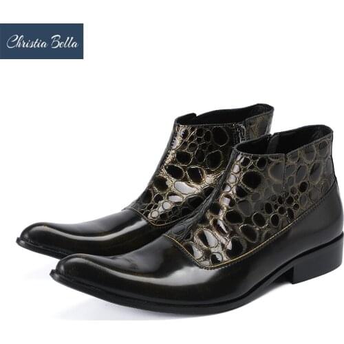 Christia Bella Printing Men Shoes Genuine Leather Boots New Fashion Simplicity Pointed Toe Boots Large Size Zipper Short Boots