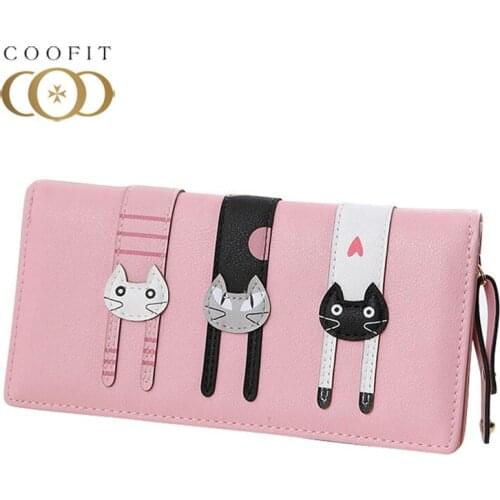 Coofit New Wallet Fashion Envelope Women Cat Cartoon Wallet Long Creative Female Card Holder PU Purse With Zipper Phone Holder