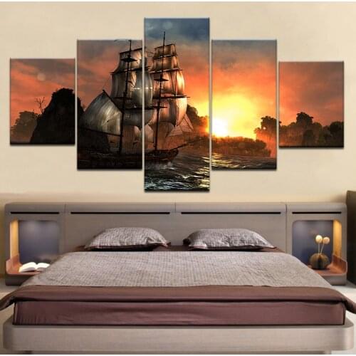 HD Prints Pictures Modular Canvas Wall Art Frame 5 Pieces Sunset Sailboat Seascape Paintings Home Decor Boat Sailing Posters