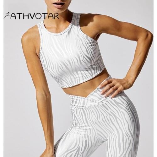 ATHVOTAR Printed Sports Sets Women Fitness Sportswear Hot Silver Sports Suit Workout V-Waist Leggings Shockproof Gym Bra