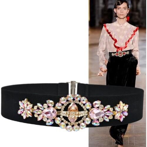 Korean High End Green Blue Crystal Gem Women Dress Belts Elastic Waistband Rhinestone Ladies Corset Cummerbund Caestus DP41