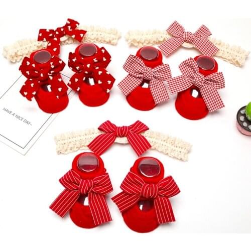 2PCS Newborn Baby Socks +Bowknot Headband Cotton Anti-Slip Kids Floor Socks Bow toddler Girl Socks Spring Girls Gift
