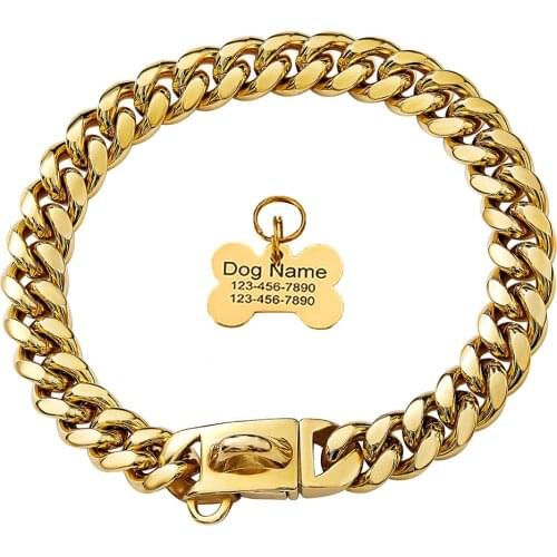 12MM/14MM Wide Golden Dog Collar Training P Chain Collars Silver Pet Necklace Stainless Steel For Medium Large Dogs