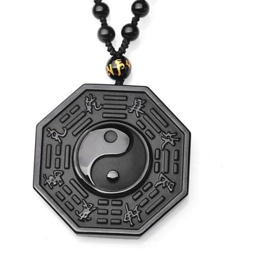 Black Obsidian Necklace Chinese Ying Yang Eight Diagrams Amulet Pendant Jewelry Dropshipping